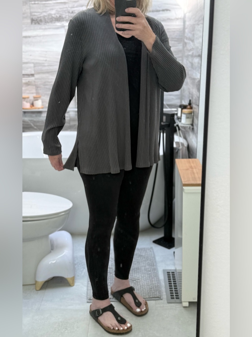 W’s M Eileen Fisher Ribbed Open Cardigan in Taupe Gray (fits L, too)